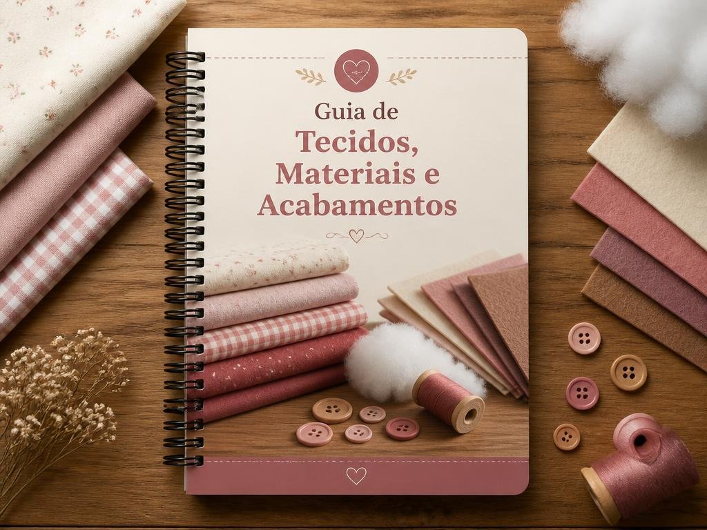 Mockup do bônus 4: Guia de Tecidos, Materiais e Acabamentos