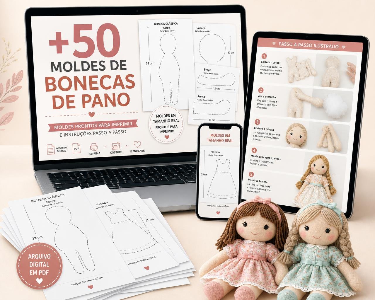 Coleção de moldes de bonecas de pano em notebook, tablet e moldes impressos
